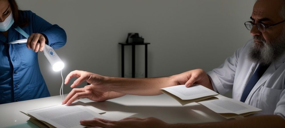 Imagem representando vigilância sanitária com profissionais analisando documentos e equipamentos, com foco em fiscalização e legislação