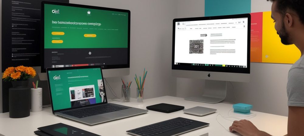 Tela de computador mostrando o processo de criação de um site com um curso de web design para iniciantes