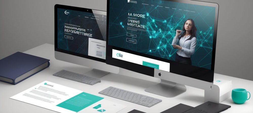 Interface de um site moderno sendo construído, com códigos e ferramentas de web design em destaque, representando o curso de web design para iniciantes