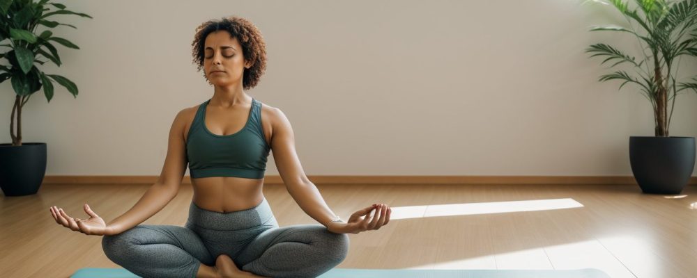 Profissional praticando yoga para iniciantes, mostrando o equilíbrio entre corpo e mente e reduzindo o estresse.