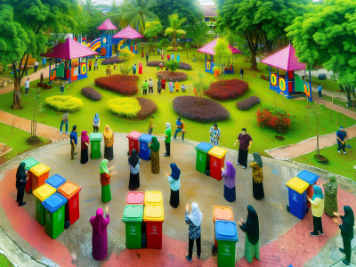 Comunidade engajada em campanha de conscientização sobre gerenciamento de resíduos sólidos em parque limpo com lixeiras coloridas e natureza vibrante.