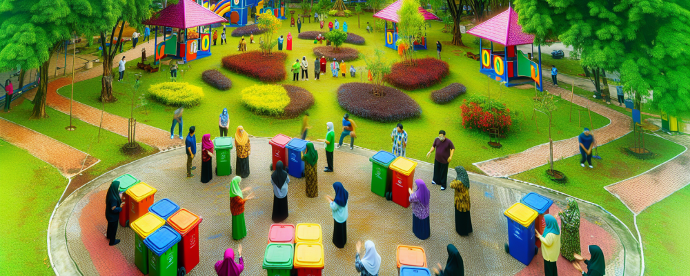 Comunidade engajada em campanha de conscientização sobre gerenciamento de resíduos sólidos em parque limpo com lixeiras coloridas e natureza vibrante.