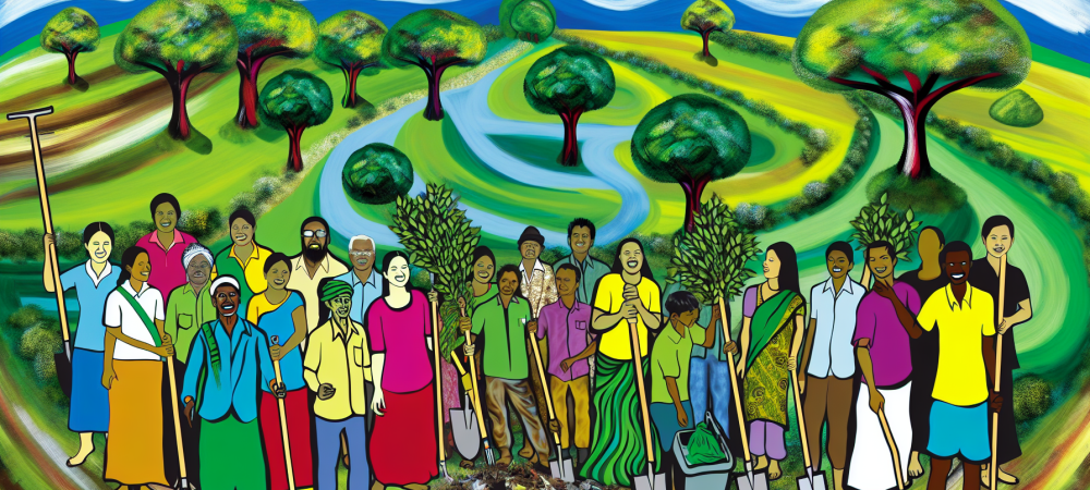 Comunidade reunida para mutirão de limpeza e plantio em ambiente natural, promovendo a preservação e sustentabilidade.