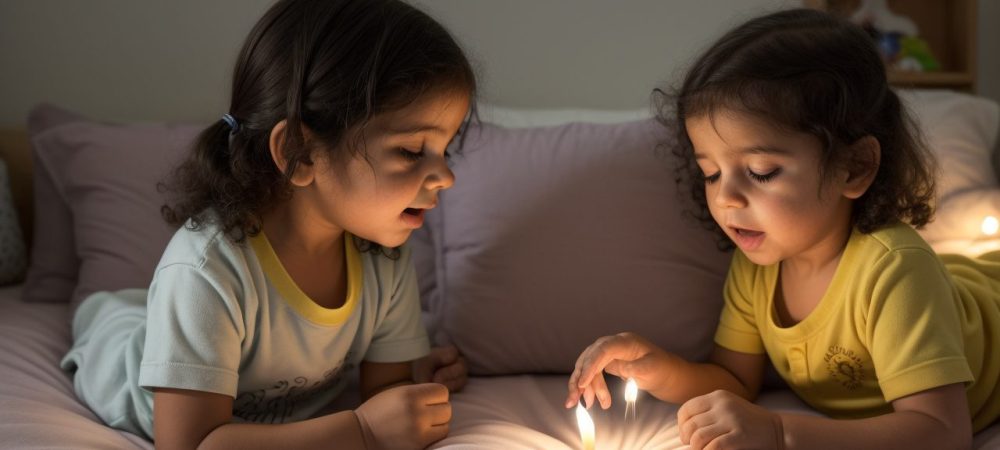 Cena acolhedora em abrigo com assistentes sociais e educadores interagindo carinhosamente com crianças, luz natural e tons quentes de amarelo.
