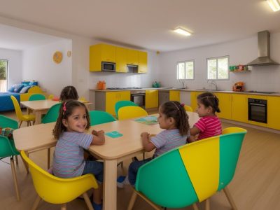 Sala de acolhimento institucional com crianças em situação de vulnerabilidade, brincando em ambiente seguro e acolhedor, com almofadas, brinquedos e livros. Cores vibrantes de amarelo, laranja e verde promovem um tom esperançoso.