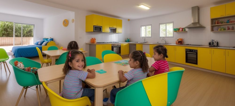 Sala de acolhimento institucional com crianças em situação de vulnerabilidade, brincando em ambiente seguro e acolhedor, com almofadas, brinquedos e livros. Cores vibrantes de amarelo, laranja e verde promovem um tom esperançoso.
