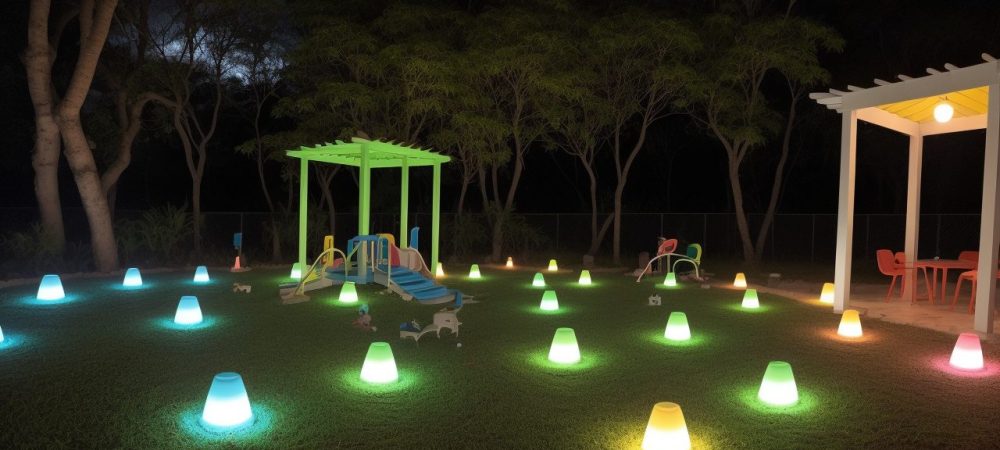 Crianças brincando em um acolhimento institucional seguro, com brinquedos coloridos e profissionais proporcionando apoio emocional.