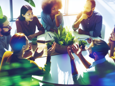 Equipe colaborando em mesa redonda, resolvendo conflitos com comunicação clara e empatia em ambiente iluminado.