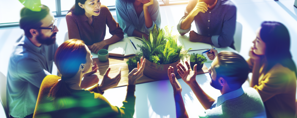 Equipe colaborando em mesa redonda, resolvendo conflitos com comunicação clara e empatia em ambiente iluminado.