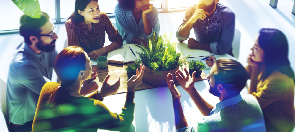 Equipe colaborando em mesa redonda, resolvendo conflitos com comunicação clara e empatia em ambiente iluminado.