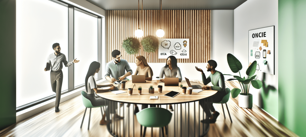 Membros da equipe discutem gestão de conflitos em escritório colaborativo com laptops e plantas.