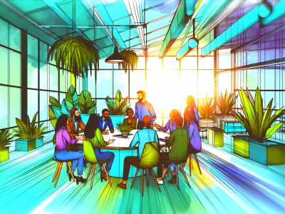 Equipe diversa discutindo administração de conflitos em um espaço de trabalho aberto e iluminado