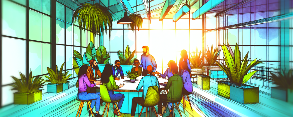 Equipe diversa discutindo administração de conflitos em um espaço de trabalho aberto e iluminado