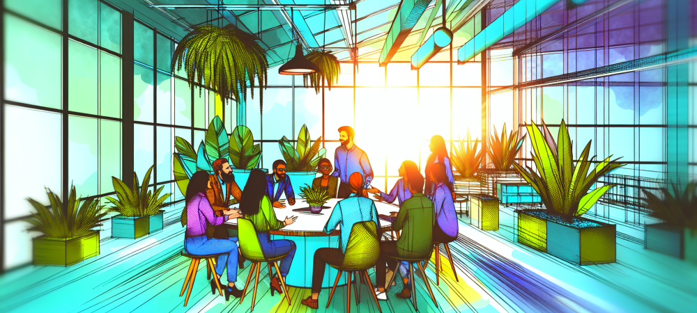 Equipe diversa discutindo administração de conflitos em um espaço de trabalho aberto e iluminado