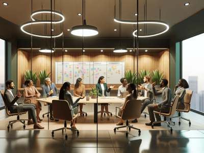 Sala de reuniões com profissionais diversos discutindo animações em ambiente colaborativo, ilustrando a administração de conflitos no trabalho.