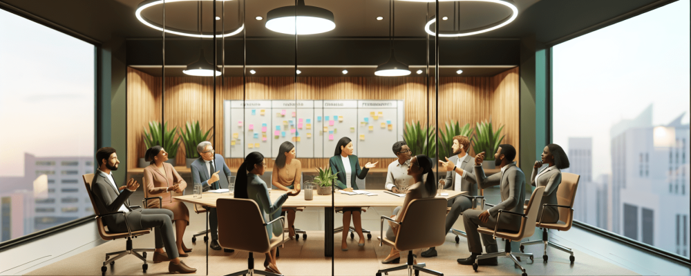 Sala de reuniões com profissionais diversos discutindo animações em ambiente colaborativo, ilustrando a administração de conflitos no trabalho.