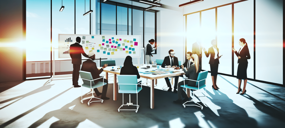 Servidores públicos discutindo estratégias de administração de conflitos em reunião colaborativa, com luz natural e elementos de comunicação visíveis.