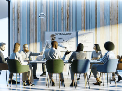 Profissionais diversos discutindo administração de conflitos em sala iluminada, focando na comunicação e entendimento mútuo.