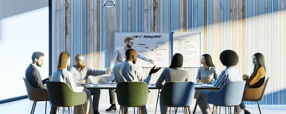 Profissionais diversos discutindo administração de conflitos em sala iluminada, focando na comunicação e entendimento mútuo.