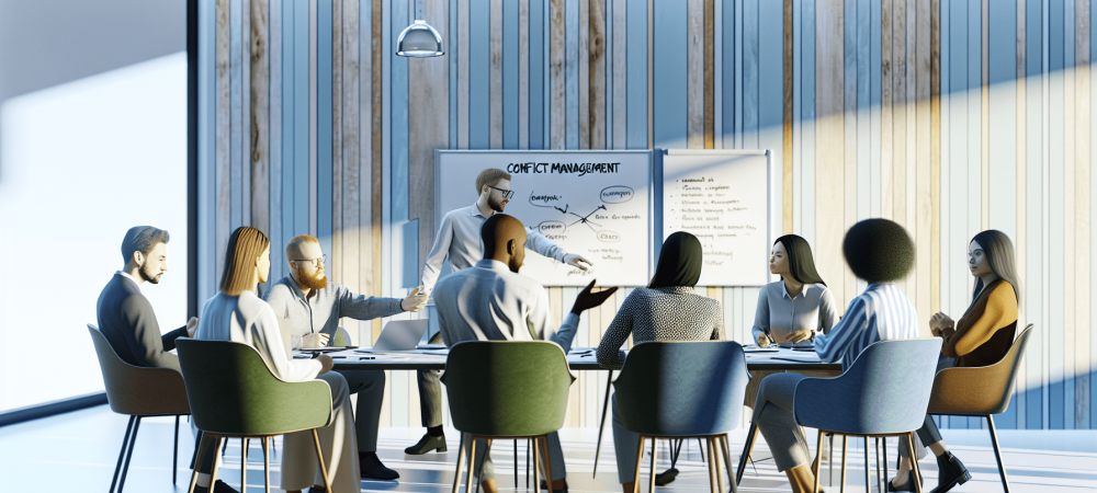 Profissionais diversos discutindo administração de conflitos em sala iluminada, focando na comunicação e entendimento mútuo.