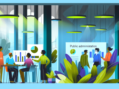 Equipe de servidores públicos discute estratégias de administração em escritório moderno com luz natural.