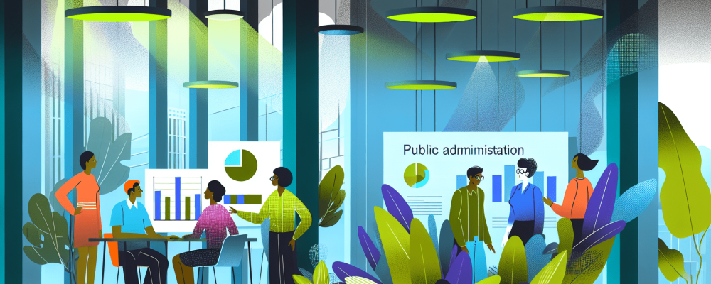 Equipe de servidores públicos discute estratégias de administração em escritório moderno com luz natural.