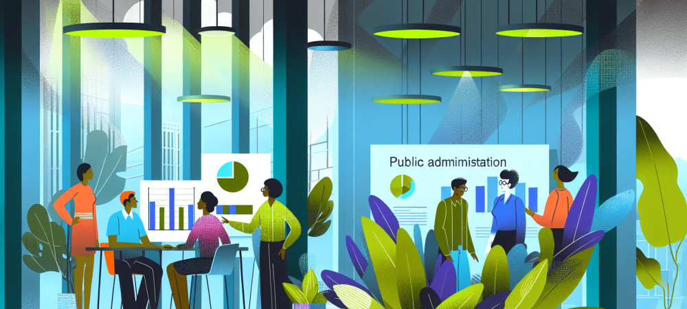 Equipe de servidores públicos discute estratégias de administração em escritório moderno com luz natural.