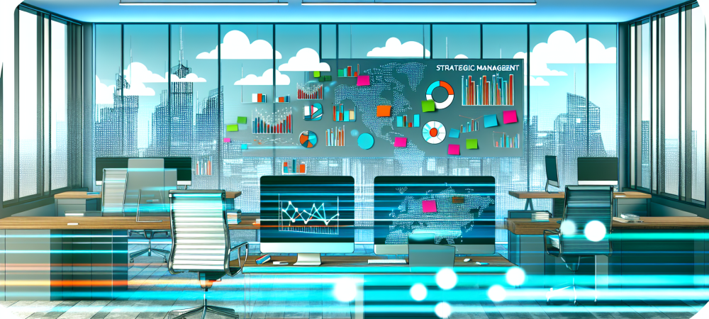 Ambiente de escritório moderno simbolizando administração estratégica no setor público, com computadores, gráficos e cidade ao fundo.