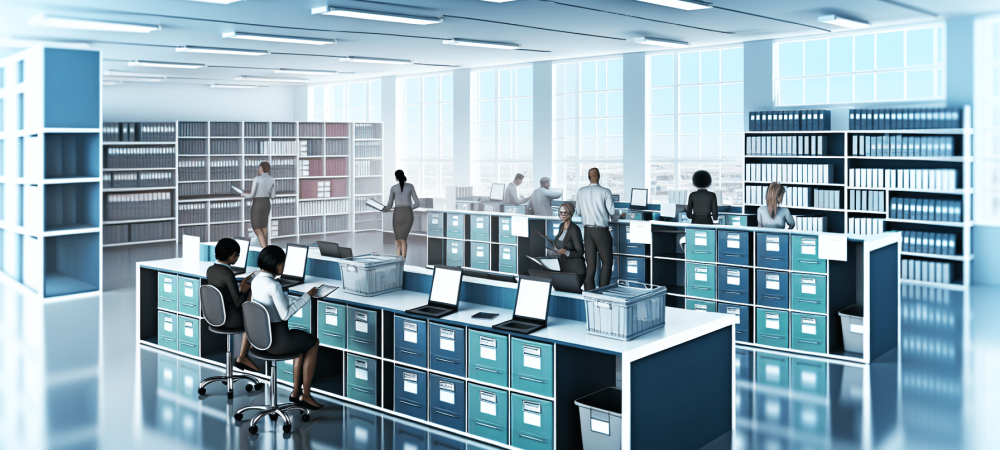 Um escritório governamental moderno e organizado com servidores públicos colaborando com laptops e tablets, destacando administração de materiais e eficiência.