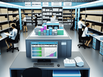 Funcionários organizando materiais em prateleiras com tecnologia avançada no escritório público.