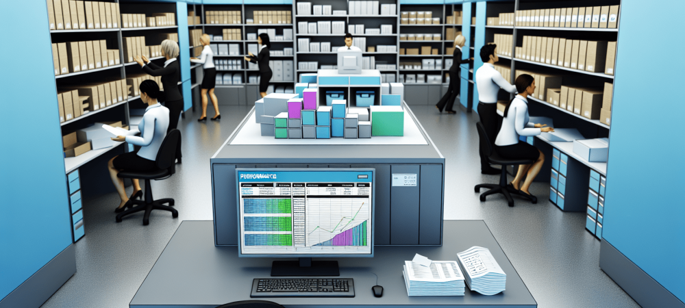 Funcionários organizando materiais em prateleiras com tecnologia avançada no escritório público.