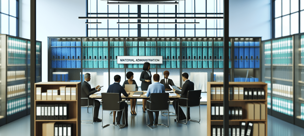 Gestores públicos discutindo administração de materiais em um escritório iluminado, com prateleiras organizadas ao fundo