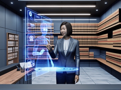 Advogado em escritório moderno usando Chat GPT com tela holográfica exibindo informações jurídicas, ressaltando interação com IA.