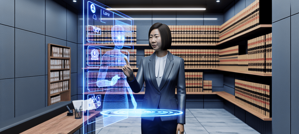 Advogado em escritório moderno usando Chat GPT com tela holográfica exibindo informações jurídicas, ressaltando interação com IA.