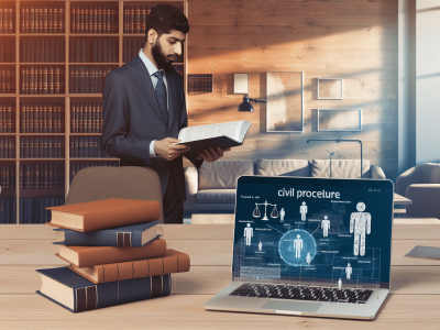 Advogado em escritório moderno, cercado por livros jurídicos, revisando documentos de direito processual civil com laptop