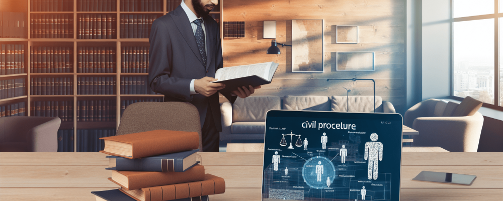 Advogado em escritório moderno, cercado por livros jurídicos, revisando documentos de direito processual civil com laptop