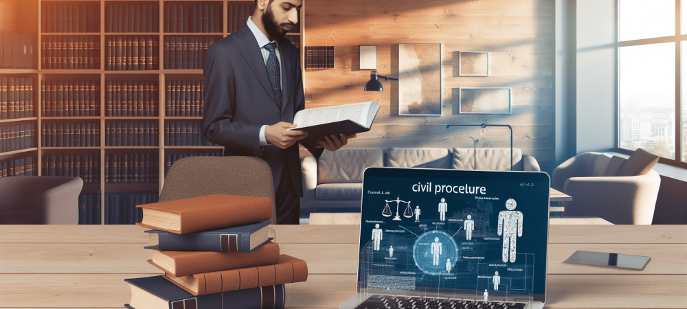 Advogado em escritório moderno, cercado por livros jurídicos, revisando documentos de direito processual civil com laptop