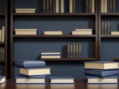 Advogado em escritório moderno revisando documentos legais sobre Direito Processual Penal, com laptop e livros empilhados.