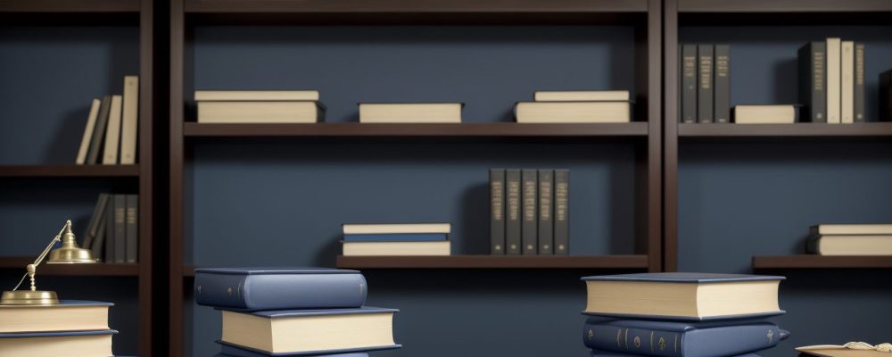 Advogado em escritório moderno revisando documentos legais sobre Direito Processual Penal, com laptop e livros empilhados.