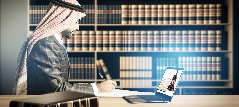 Advogado concentrado redigindo documento jurídico em escritório com livros de direito e laptop, iluminado suavemente.