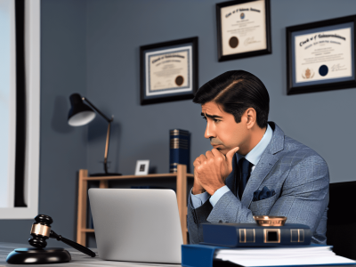 Advogado em escritório moderno, refletindo sobre o código de ética da OAB, com diplomas ao fundo.