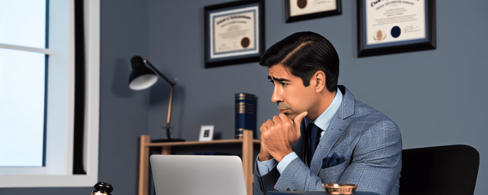 Advogado em escritório moderno, refletindo sobre o código de ética da OAB, com diplomas ao fundo.