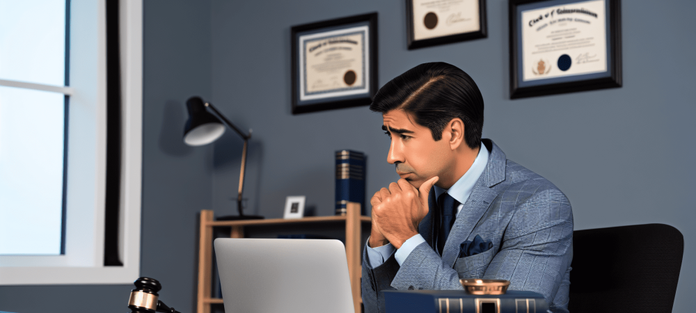 Advogado em escritório moderno, refletindo sobre o código de ética da OAB, com diplomas ao fundo.