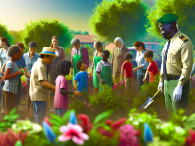 Agente ambiental orienta moradores em projeto comunitário cercado por natureza exuberante