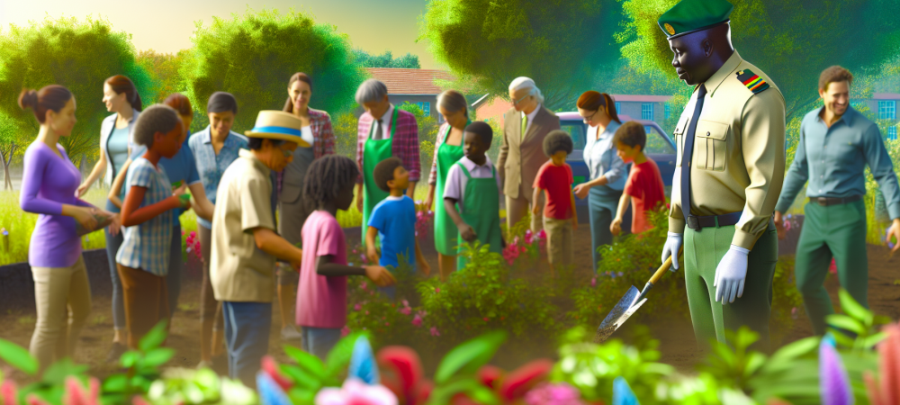 Agente ambiental orienta moradores em projeto comunitário cercado por natureza exuberante