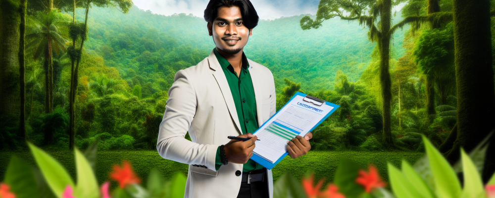 Agente ambiental segurando prancheta em ambiente natural exuberante, simbolizando sustentabilidade e conservação