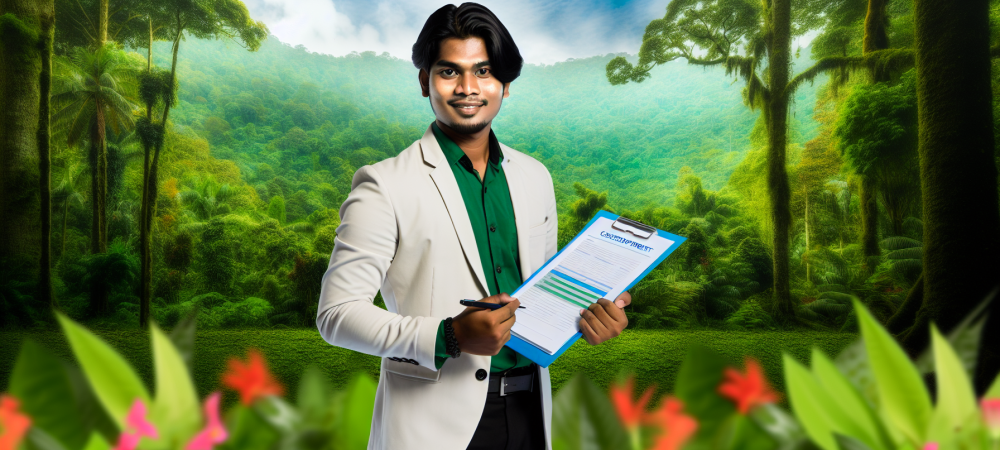 Agente ambiental segurando prancheta em ambiente natural exuberante, simbolizando sustentabilidade e conservação