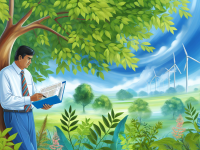 Agente ambiental analisando documentos de fiscalização sob árvore frondosa em ambiente natural vibrante com vegetação exuberante.