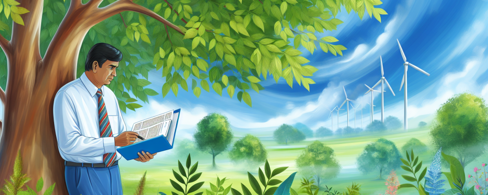 Agente ambiental analisando documentos de fiscalização sob árvore frondosa em ambiente natural vibrante com vegetação exuberante.