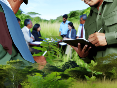 Um agente ambiental utilizando um tablet enquanto observa área verde, discutindo práticas sustentáveis.